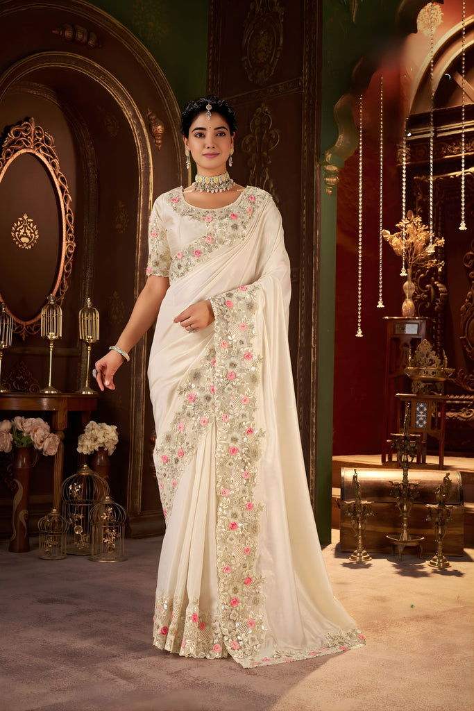 Designer Ivory Embroidered Silk Saree with Floral Border Matching Blouse
