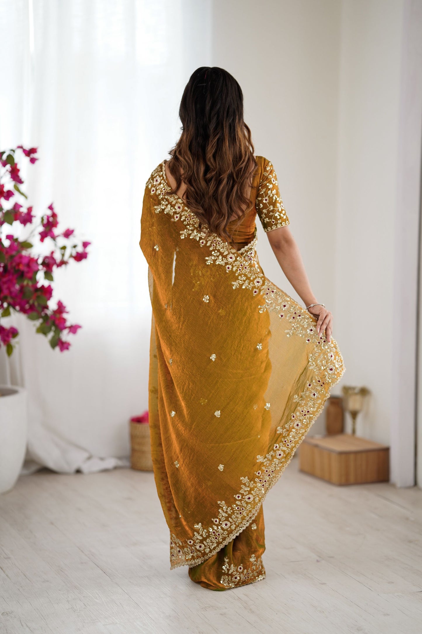 Mustard Yellow Handwoven Organza Silk Saree Designer Blouse