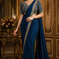 Navy Blue Designer Georgette Saree with Embroidered Blouse