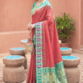 Red Silk Saree with Green Contrast Border Traditional Zari Festive Wear