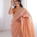 Elegant Peach Linen Designer Saree with Mirror Work Border