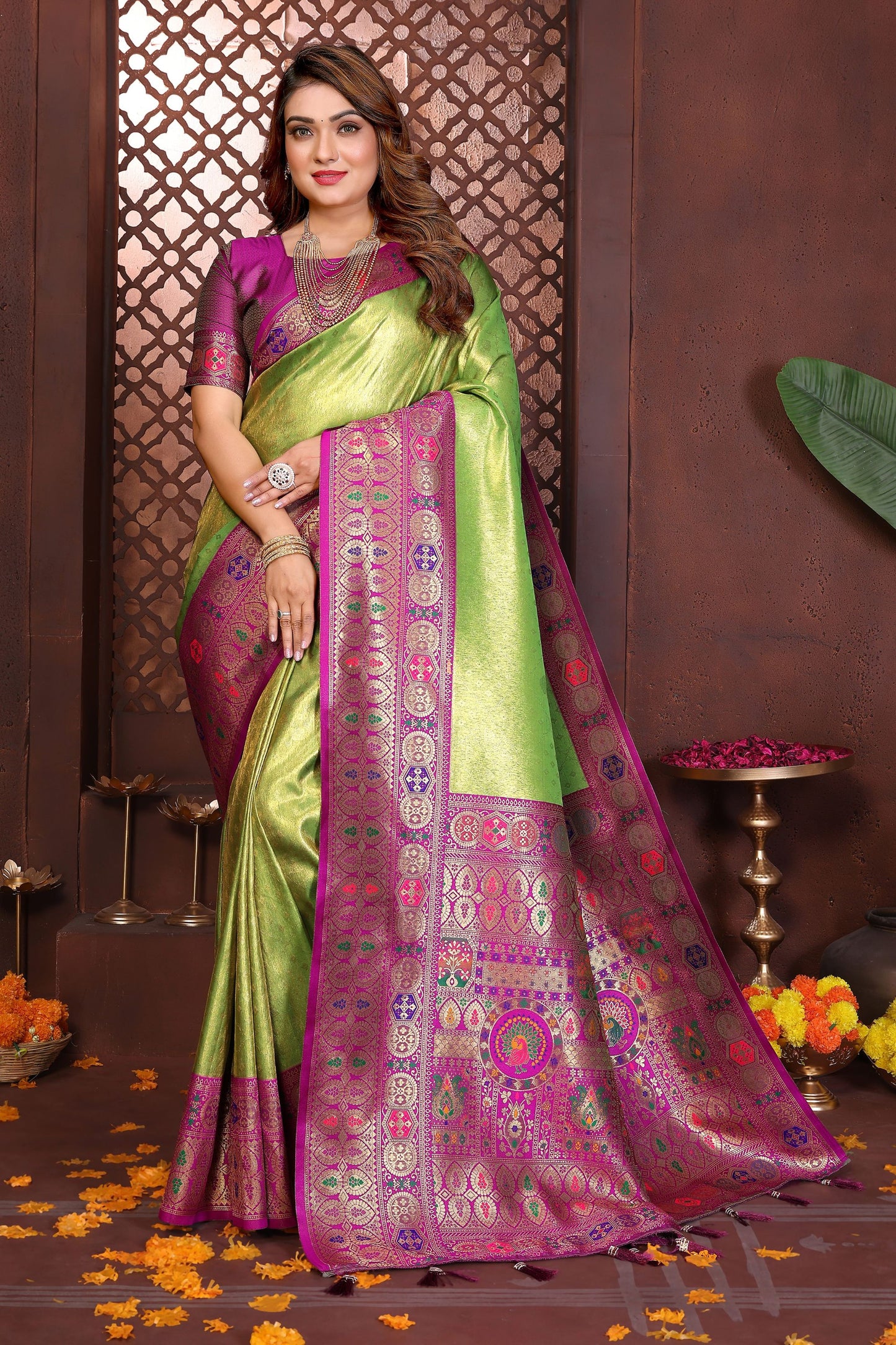 Green And Purple Banarasi Silk Rich Zari Saree Festive Wear