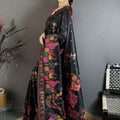 Premium Black Satin Silk Saree Multicolor Floral Print Designer Border