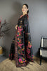 Premium Black Satin Silk Saree Multicolor Floral Print Designer Border
