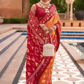 Premium Red Orange Patola Silk Saree Traditional Ikat Weaving Design 