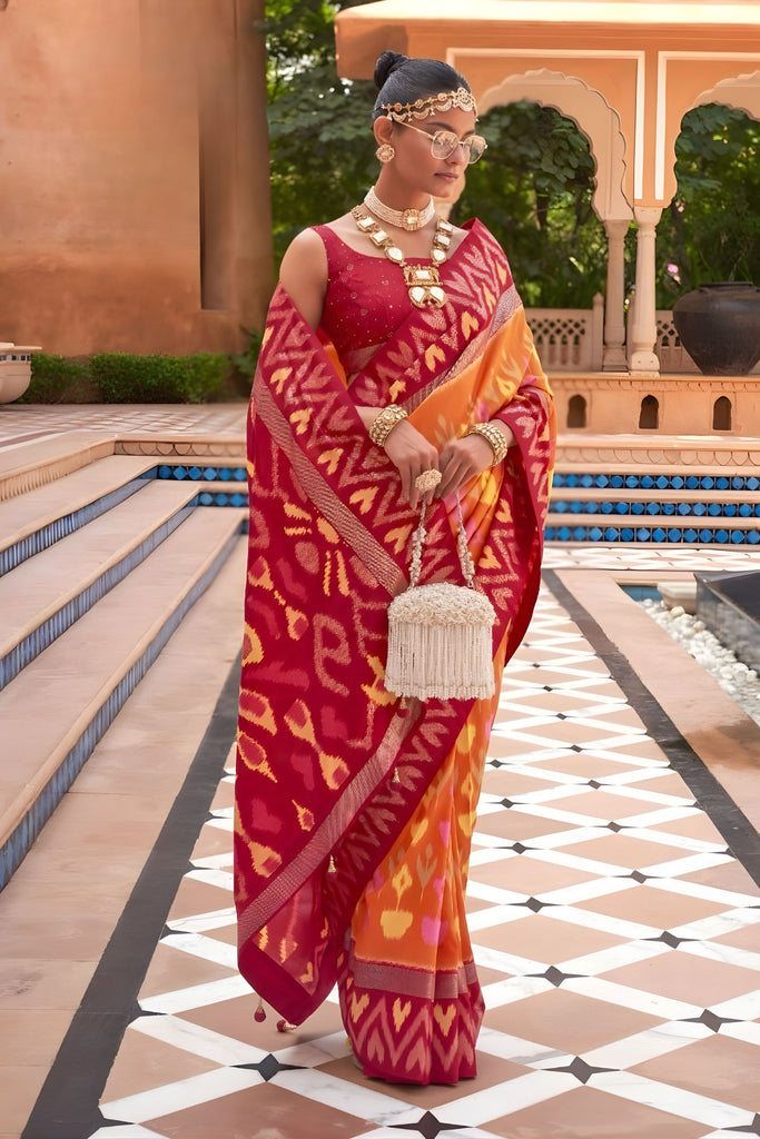Premium Red Orange Patola Silk Saree Traditional Ikat Weaving Design 