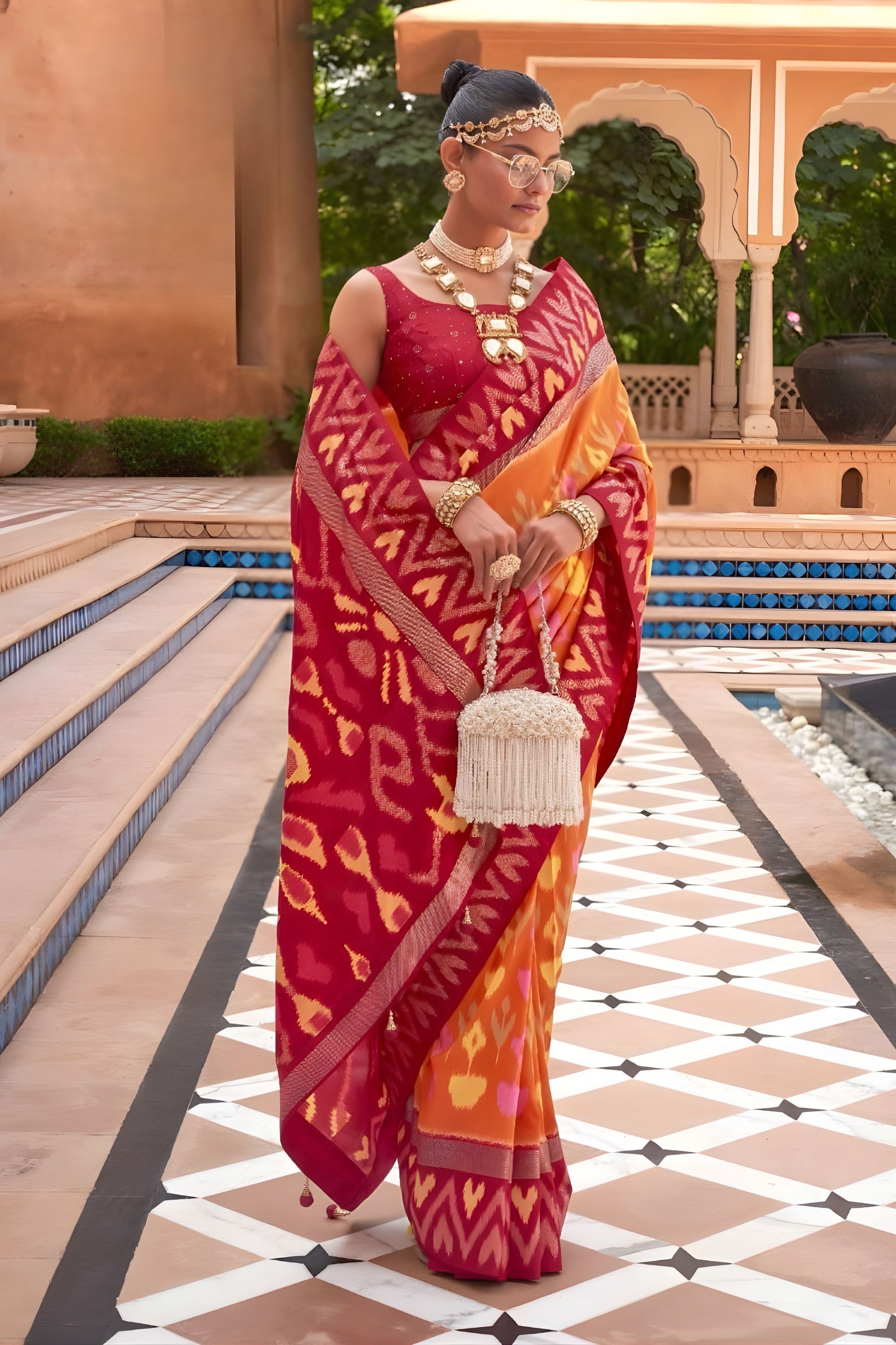 Premium Red Orange Patola Silk Saree Traditional Ikat Weaving Design 