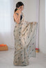 Silver Grey Tissue Silk Saree Black Embroidered Sequin Designer Blouse