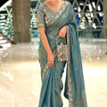 Premium Teal Blue Organza Silk Saree Embroidered Floral Border