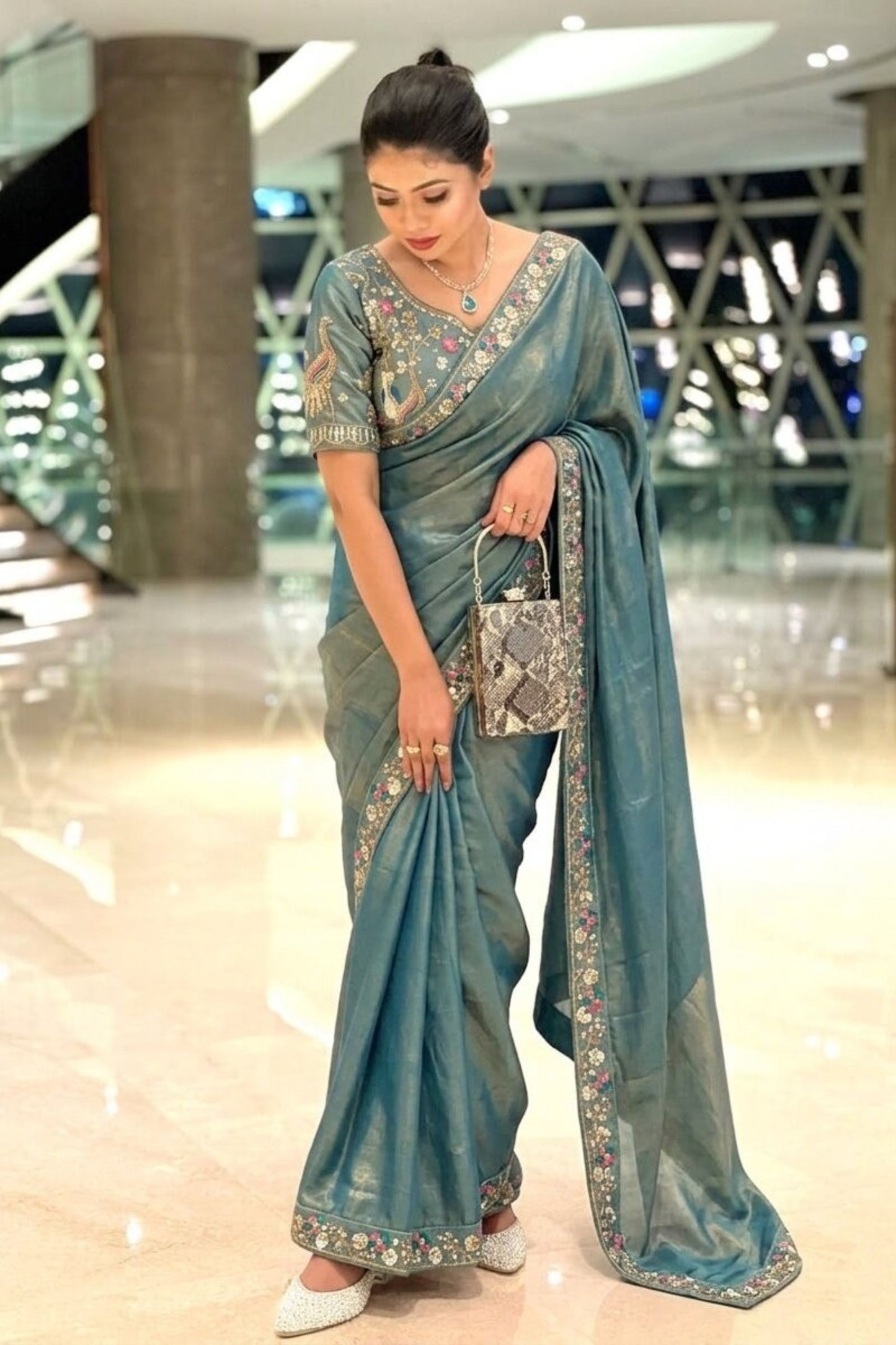Premium Teal Blue Organza Silk Saree Embroidered Floral Border
