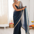 Navy Blue Organza Silk Saree Designer Lace Border Matching Blouse