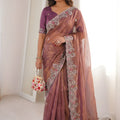 Mauve Rose Gold Tissue Silk Saree Heavy Embroidered Border