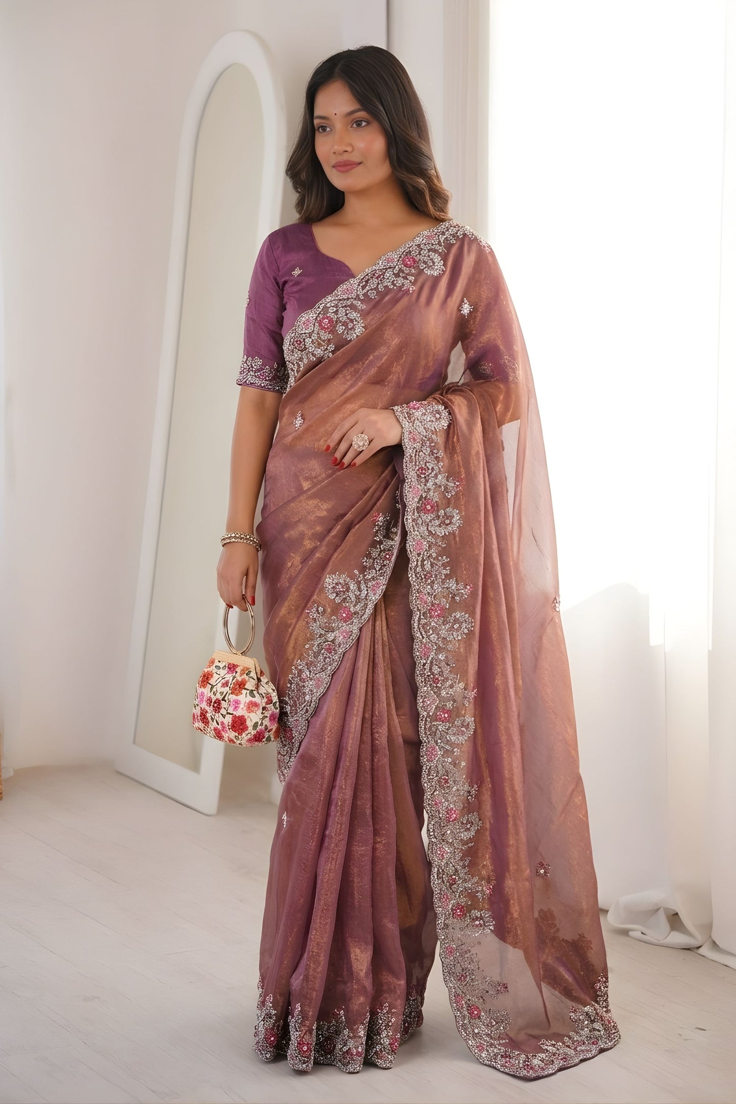 Mauve Rose Gold Tissue Silk Saree Heavy Embroidered Border