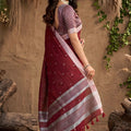 Wine Maroon Handwoven Cotton Linen Saree Silver Zari Border Pallu