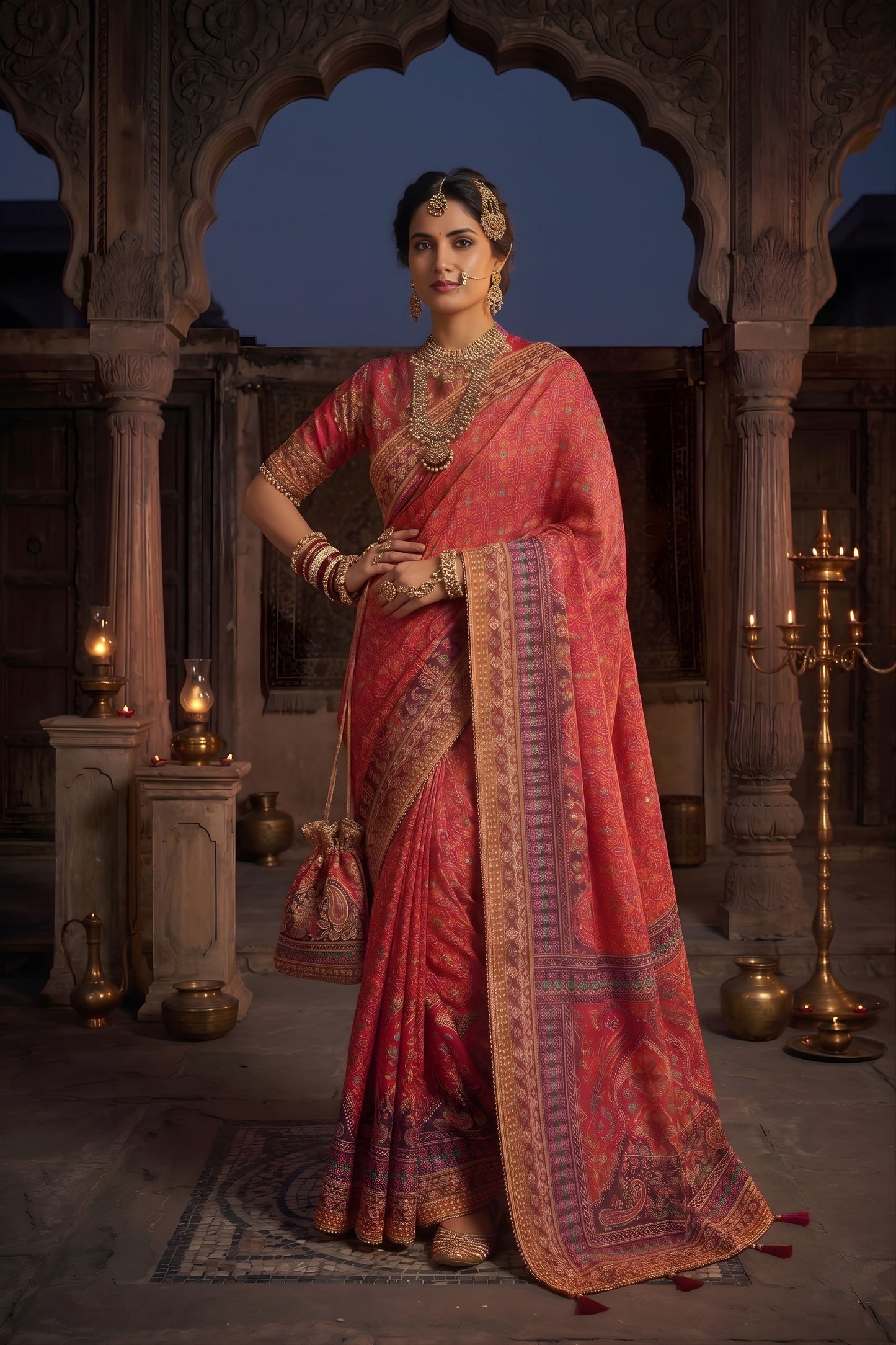 Red Traditional Banarasi Silk Saree Rich Woven Border Design
