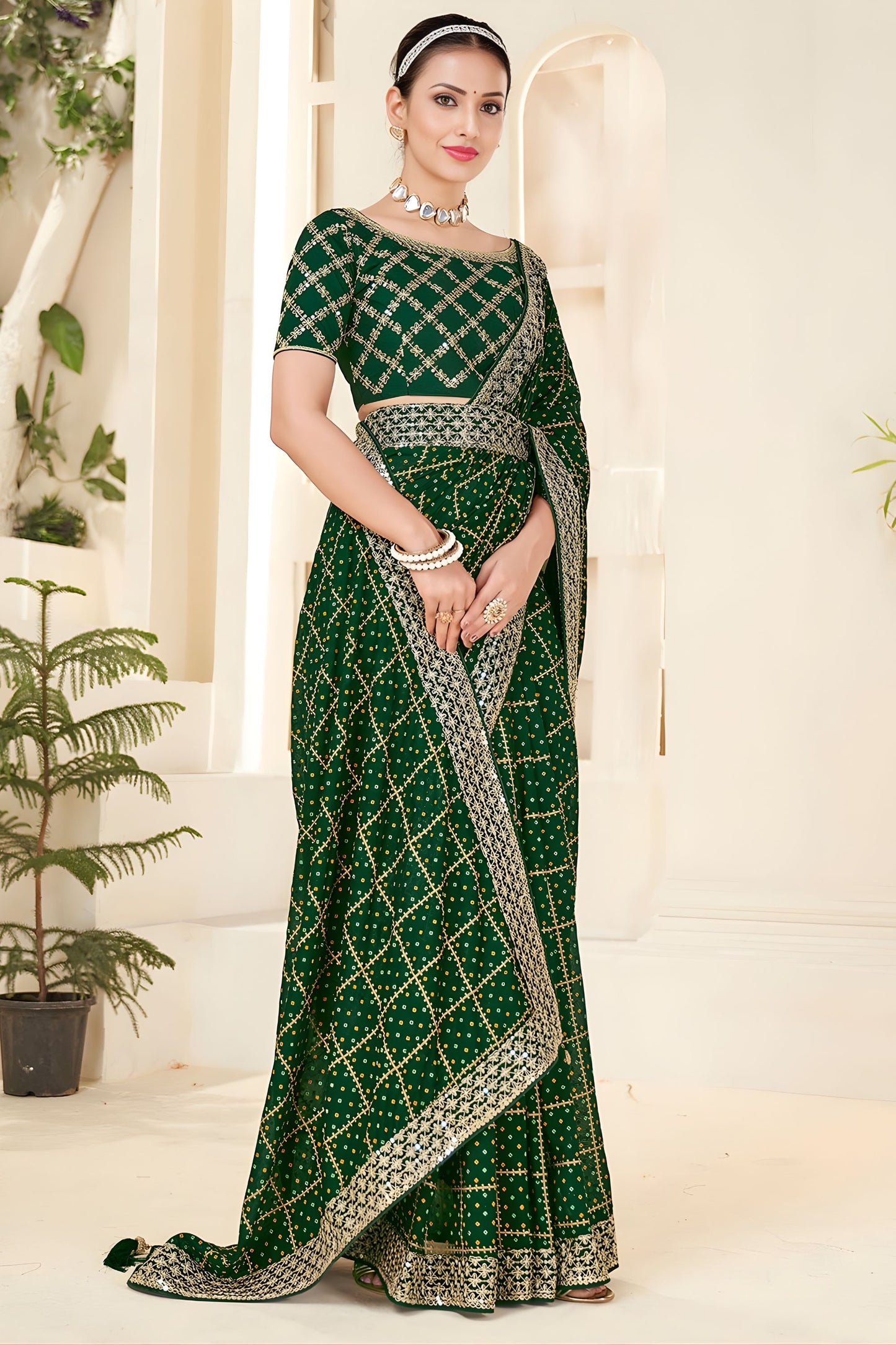 Dark Green Embroidered Designer Saree with Sequins Work Blouse