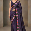 Purple Silk Saree Floral Embroidered Border Designer Party Wear Saree