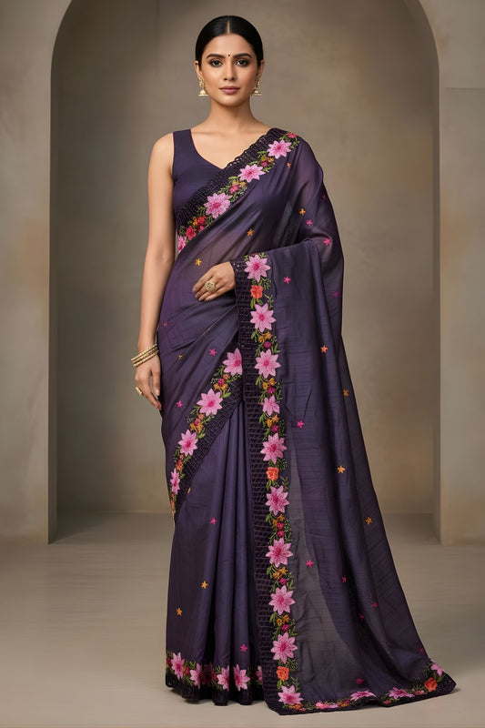 Purple Silk Saree Floral Embroidered Border Designer Party Wear Saree