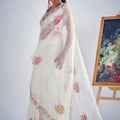 Designer Off White Organza Saree with Floral Embroidery Saree