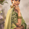 Light Olive Green Soft Silk Saree with Zari Border Designer Blouse