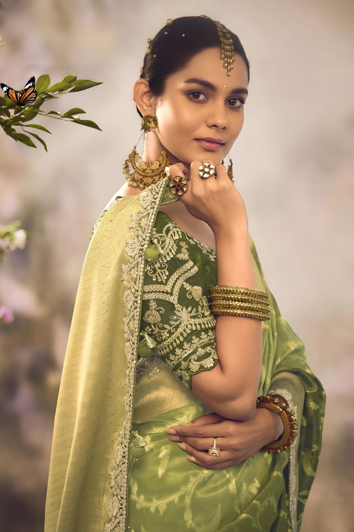Light Olive Green Soft Silk Saree with Zari Border Designer Blouse