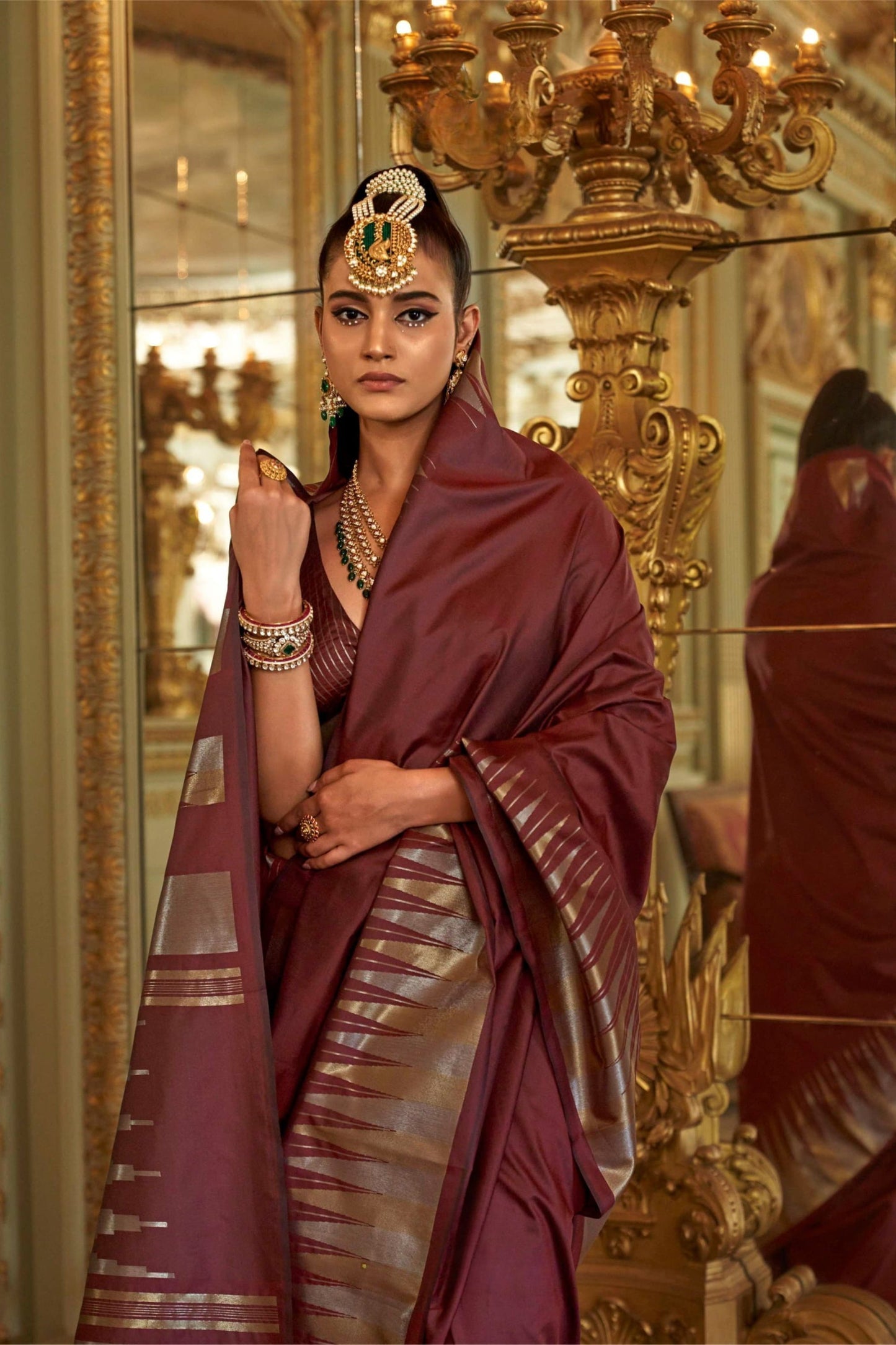 Maroon Designer Silk Saree with Metallic Zari Border Pallu