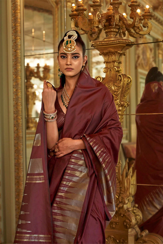 Maroon Designer Silk Saree with Metallic Zari Border Pallu