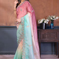 Pink and Aqua Blue Embroidered Organza Silk Saree Designer Border