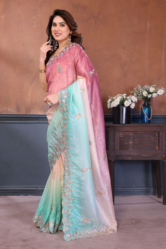 Pink and Aqua Blue Embroidered Organza Silk Saree Designer Border