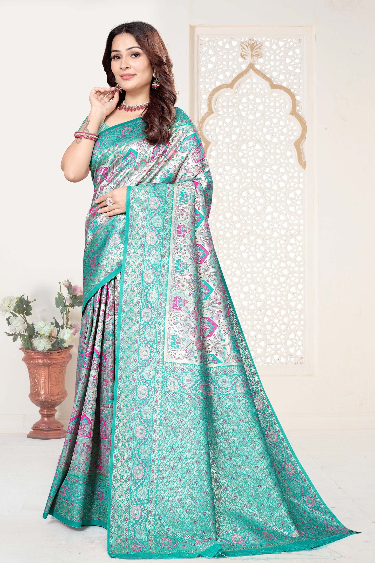 Sea Green Banarasi Silk Saree with Pink Woven Zari Design