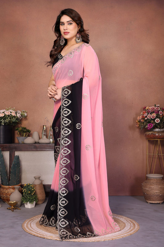 Pink and Black Georgette Saree with Embroidered Border Work