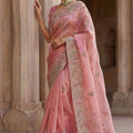 Pink Organza Silk Saree with Heavy Embroidery Designer Border