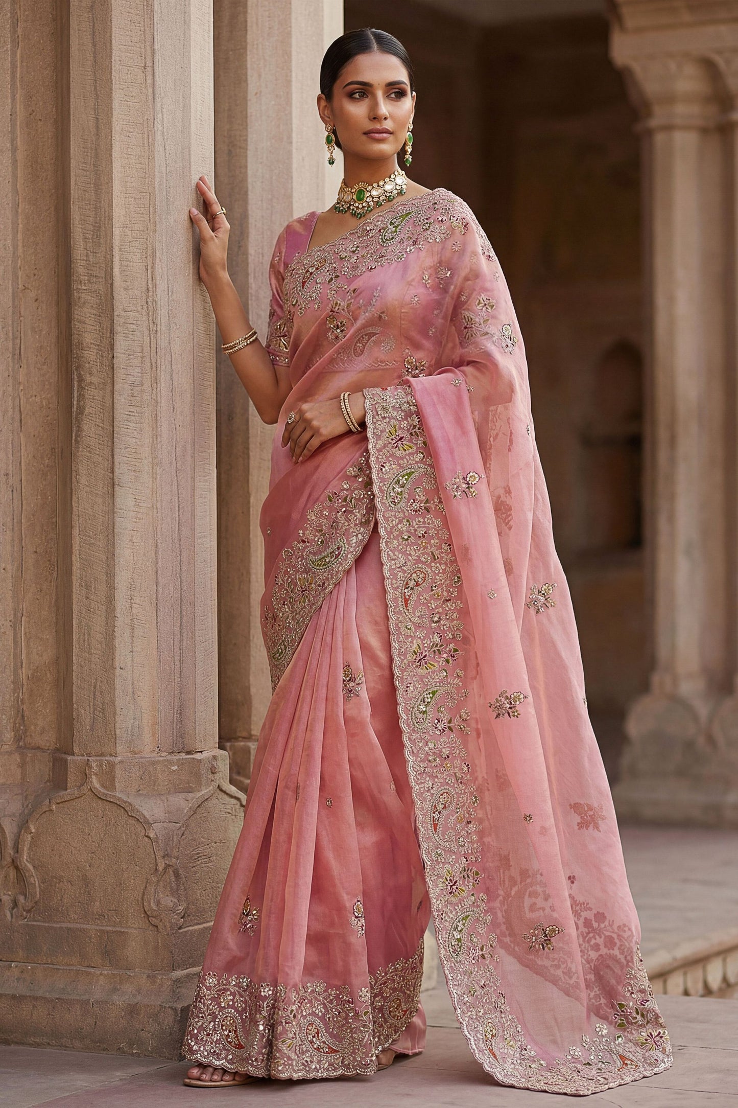 Pink Organza Silk Saree with Heavy Embroidery Designer Border