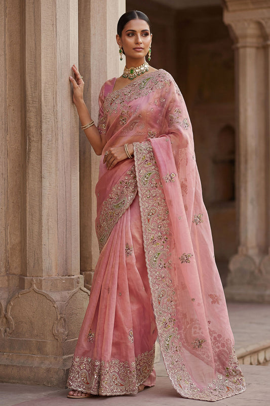 Pink Organza Silk Saree with Heavy Embroidery Designer Border