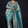 Sea Green Shimmer Silk Saree with Heavy Stone Zari Embroidered Border 