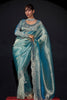Sea Green Shimmer Silk Saree with Heavy Stone Zari Embroidered Border 