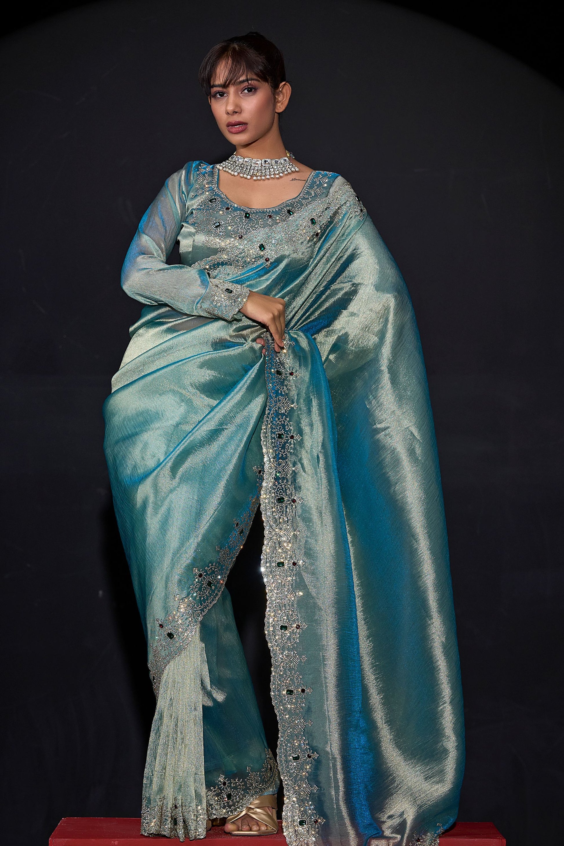 Sea Green Shimmer Silk Saree with Heavy Stone Zari Embroidered Border 