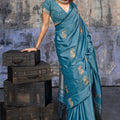 Premium Teal Blue Banarasi Silk Saree Zari Woven Border Designer Blouse