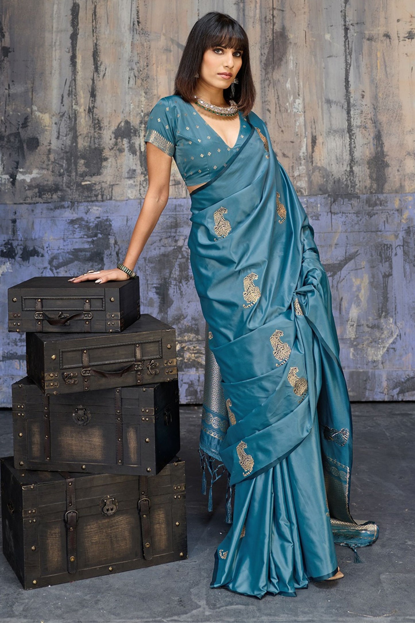 Premium Teal Blue Banarasi Silk Saree Zari Woven Border Designer Blouse