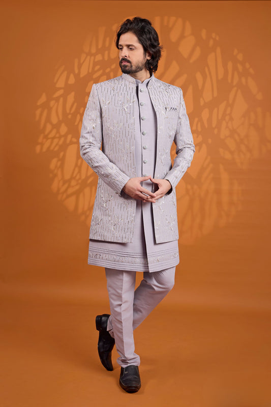 Glorious Light Grey Indo Western Sherwani Heavy Embroidery With Designer Jacket