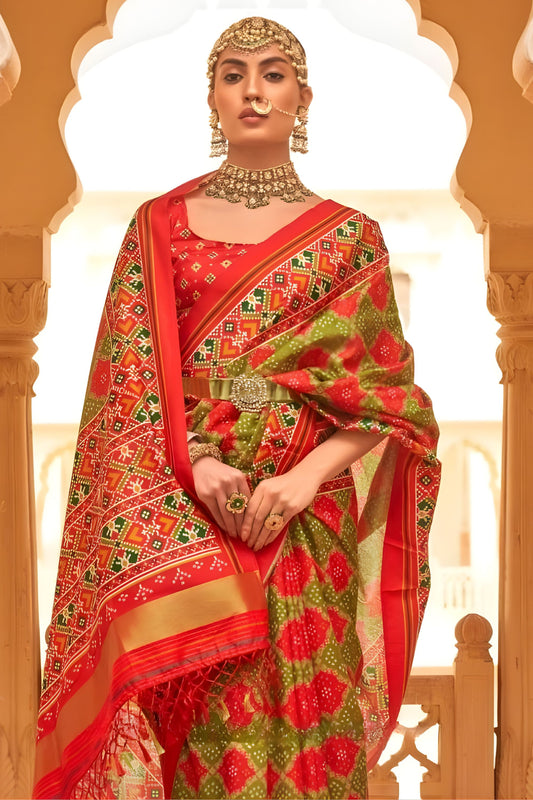 Red Olive Green Patola Print Silk Saree Traditional Gujarati Design