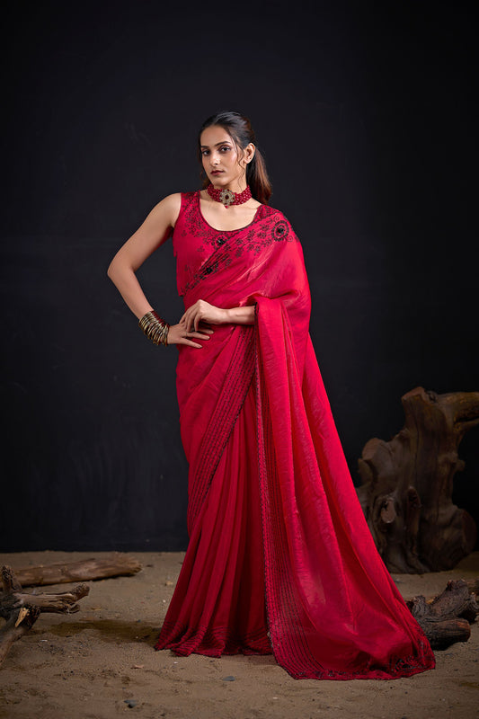 Rani Pink Embroidered Silk Saree with Designer Blouse