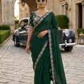 Dark Green Georgette Saree Stone Embroidered Border Designer Blouse