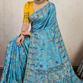 Sky Blue Banarasi Silk Saree Rich Zari Floral Contrast Yellow Blouse