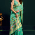 Sea Green Soft Silk Saree with Floral Embroidery Gold Zari Border