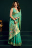 Sea Green Soft Silk Saree with Floral Embroidery Gold Zari Border