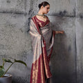 Grey Silk Saree with Maroon Traditional Border Designer Saree