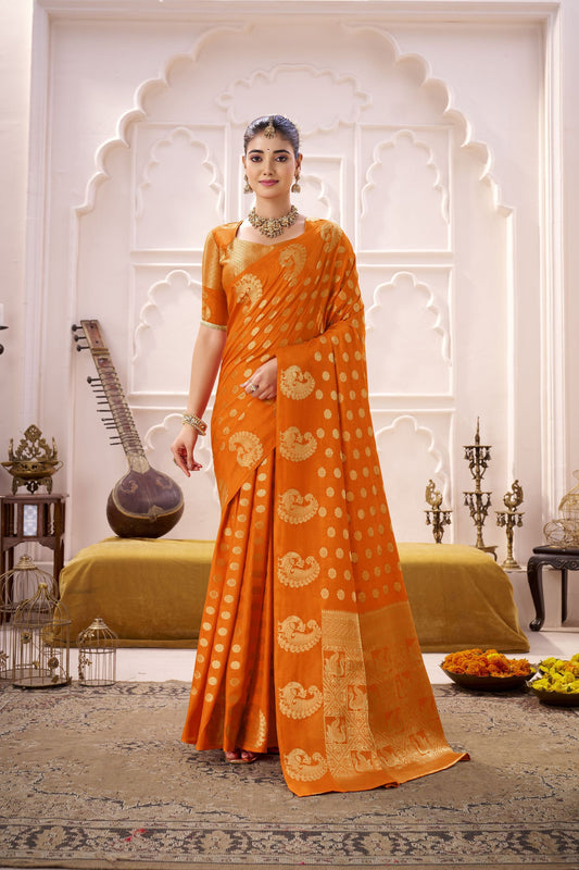 Orange Banarasi Silk Saree with Gold Zari Buta Traditional Pallu