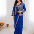 Royal Blue Designer Saree Heavy Golden Embroidered Border Matching Jacket Set