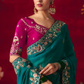 Teal Green Floral Embroidered Silk Saree with Magenta Blouse